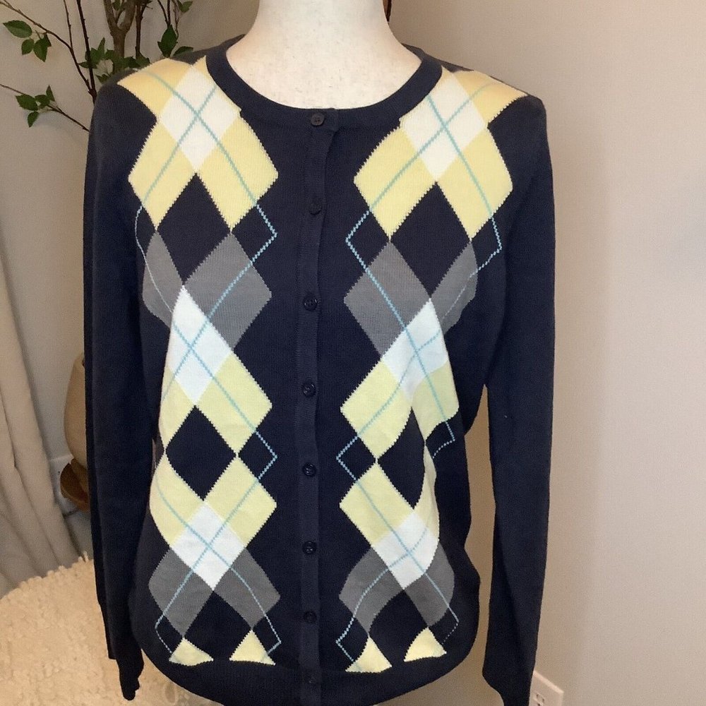Croft & Barrow Argyle Cardigan Sweater Sz M Button Navy Yellow Preppycore
